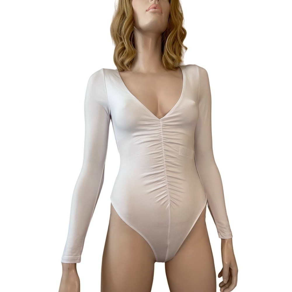 ZARA Ruched Bodysuit Leotard Top White Ruching Sexy Long Sleeve Plunge Neck NWOT